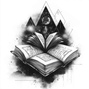 Black and grey illustration of stacked open books with geometric triangles and a cosmic circle; AI-generated tattoo project, cover-up suitable.