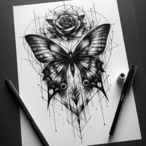 Butterfly and rose with geometric circle and line elements in black and grey; AI-generated tattoo project, suitable for a cover-up.