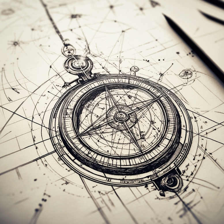 Compass, pencil, circle, line, and geometry in black and grey; tattoo design idea; pattern included; suitable for a cover-up.