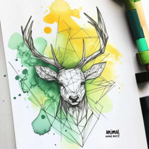Deer head with antlers in black and grey geometric linework, green and yellow watercolor splashes; tattoo project; not specifically designed for cover-up.