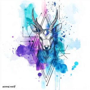 Deer head line art with geometric triangles over blue and purple watercolor splashes; black and grey ink; AI-generated tattoo project; pattern-ready and suitable for cover-up.
