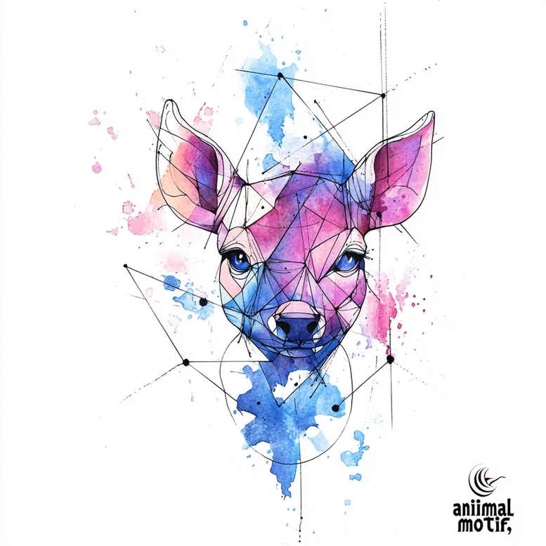 Deer head with ears and blue eyes, geometric black linework, pink, purple and blue watercolor splashes; color tattoo design concept; suitable for a cover-up.