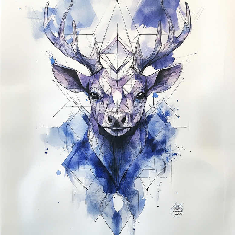 Deer head with antler, linework geometry, and blue-purple watercolor wash; color tattoo concept, AI-generated tattoo project, not a cover-up.