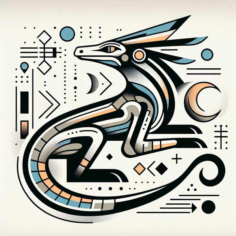 Dragon, crescent moon, circle, diamond, line, dot in blue, peach, grey, and black; a full-color tattoo design project; not suitable for cover-up.