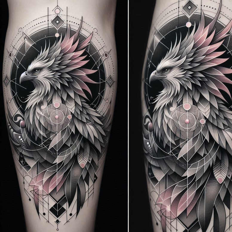 Eagle with grey and black feathers surrounded by circular and diamond geometric patterns; pink highlights; tattoo project; suitable for cover-up.