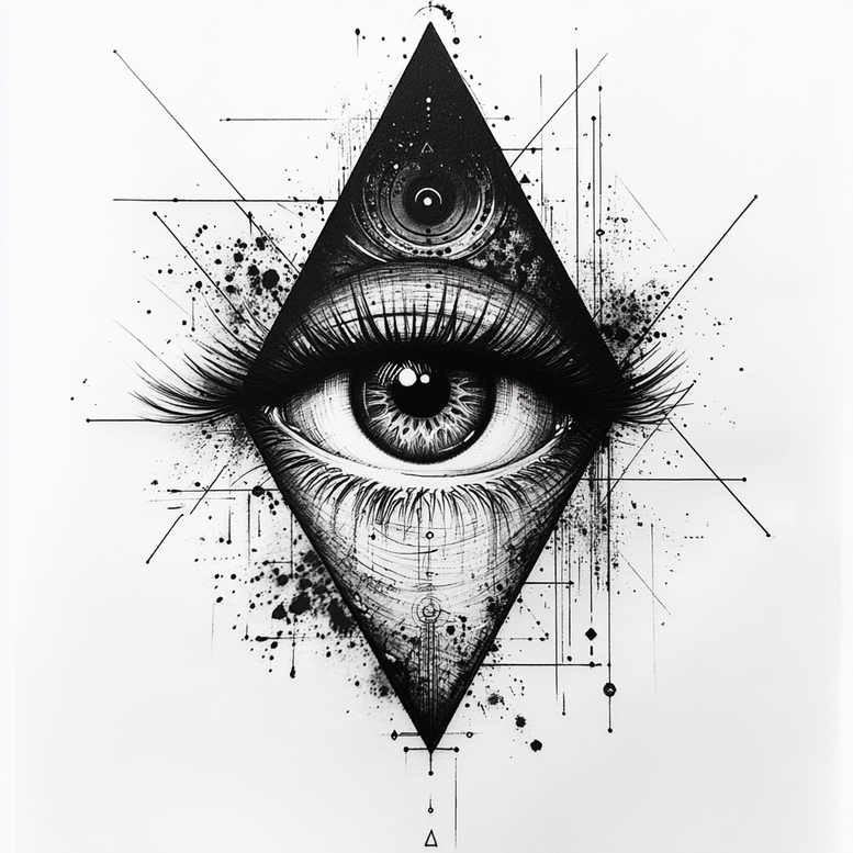 Eye inside a black diamond frame with fine geometric lines, dots, and ink splatters; black and grey tattoo project; AI-generated; suitable for a cover-up.