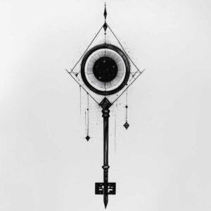 Eye inside a diamond frame with geometric lines, black and grey, project idea featuring a staff, chains and diamonds, and a key-like tip; suitable for cover-up.