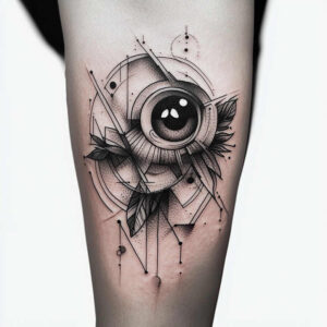 Black and grey geometric eye-lotus tattoo on forearm with petals and leaves, featuring circles and lines; a bold project for a cover-up.