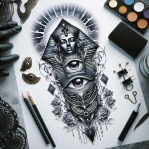 Black and grey tattoo concept featuring eye, pyramid with a face, roses, and geometric linework; AI-generated tattoo project idea, pattern-rich and suitable as a cover-up.