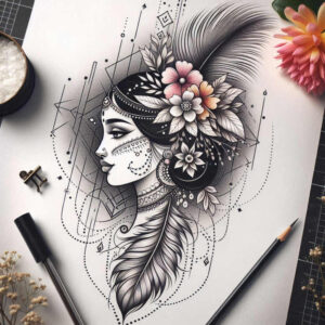 Profile of a woman with an ornate floral headpiece and feather, beads and jewelry, framed by geometric lines; black and grey shading with pink flowers; tattoo project.