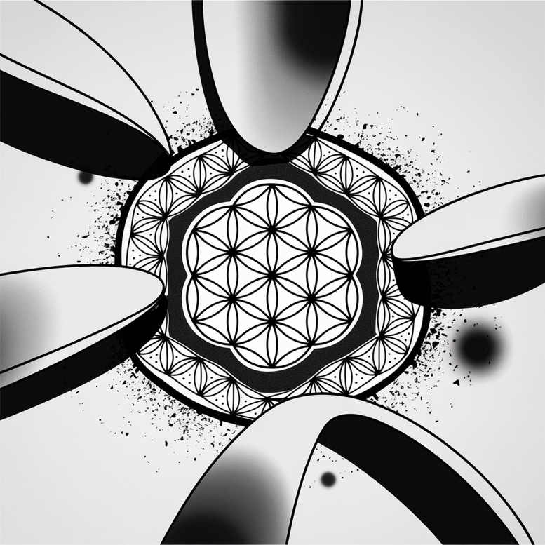 Circular flower of life pattern with interlocking circles, bold linework, and surrounding petal shapes in black and grey; tattoo design concept.