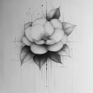 Flower with leaf, line, and dot elements in black and grey; AI-generated tattoo project concept; suitable for a cover-up: no.