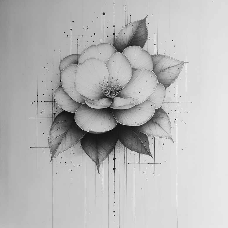 Flower with leaf, line, and dot elements in black and grey; AI-generated tattoo project concept; suitable for a cover-up: no.