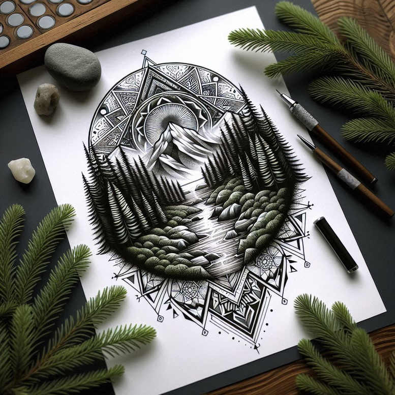 Pine trees, mountains, and a river inside a geometric mandala frame; black and grey; tattoo design project; suitable for cover-up.