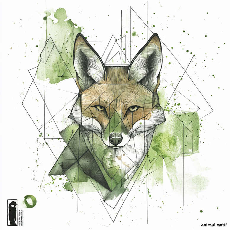 Fox head with geometric polygons and green watercolor washes; tattoo project idea; full color pattern; not designed for cover-up.