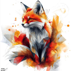 Fox amid polygon facets with orange, red, gray tones; watercolor splashes; AI-generated tattoo project concept; not intended as cover-up.