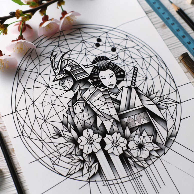 Geisha figure with katana and armor inside a circular geometric frame in black and grey; AI-generated tattoo project suitable for a cover-up.