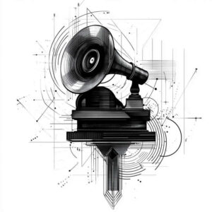 Gramophone horn, base, lines, and circular patterns; black and grey; AI-generated tattoo project; not suitable for cover-up.