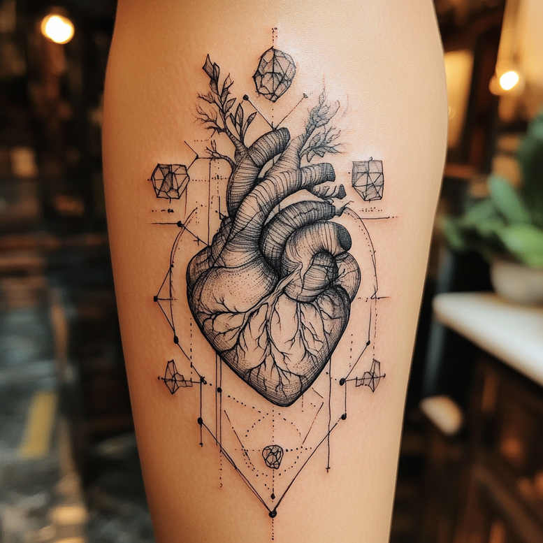 Heart in black and grey linework with diamonds and vines; tattoo project; not designed for cover-up.
