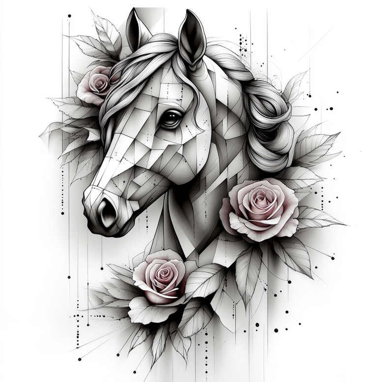 Black and grey geometric horse head with pink roses and leaves; tattoo idea, suitable for a cover-up.