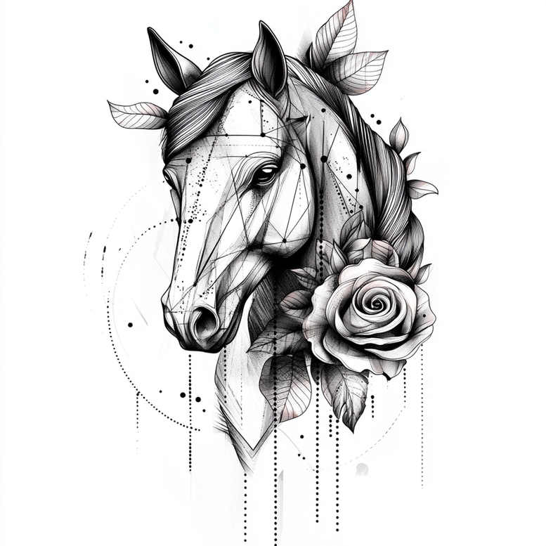 Horse head, rose, leaf, mane, and geometric lines with dots in black and grey; project idea, suitable for a cover-up.