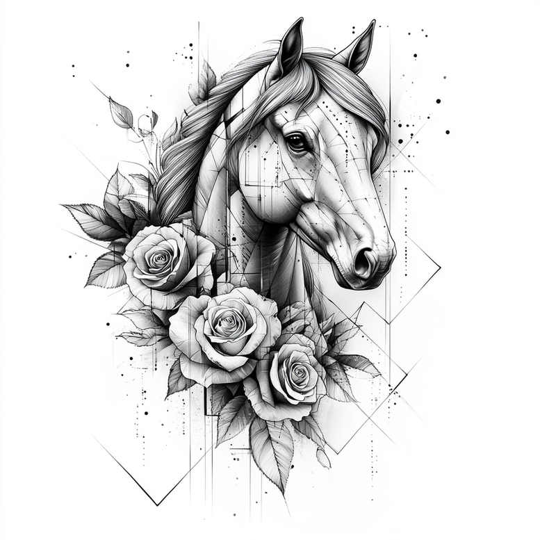 Horse head in black and grey with geometric lines and roses; AI-generated tattoo project; not specifically designed for cover-up.