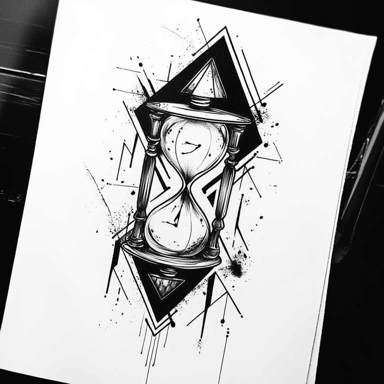 Hourglass silhouette flanked by triangles with splatter accents in black and grey on white paper; a tattoo project, suitable for cover-up.
