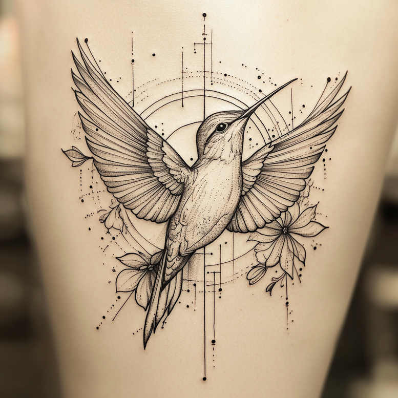 Hummingbird in flight, flower, and leaves; black and grey; tattoo project.
