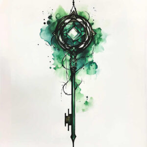 Key silhouette with circular geometric top, emerald gem, and vine accents in teal and black ink; project idea; not a cover-up.
