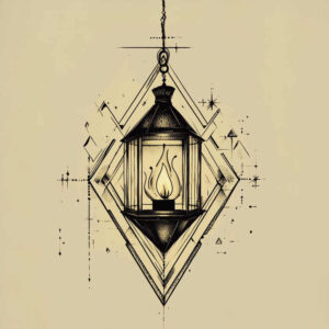 Lantern, flame, and geometric diamond frame in black and grey; tattoo project.