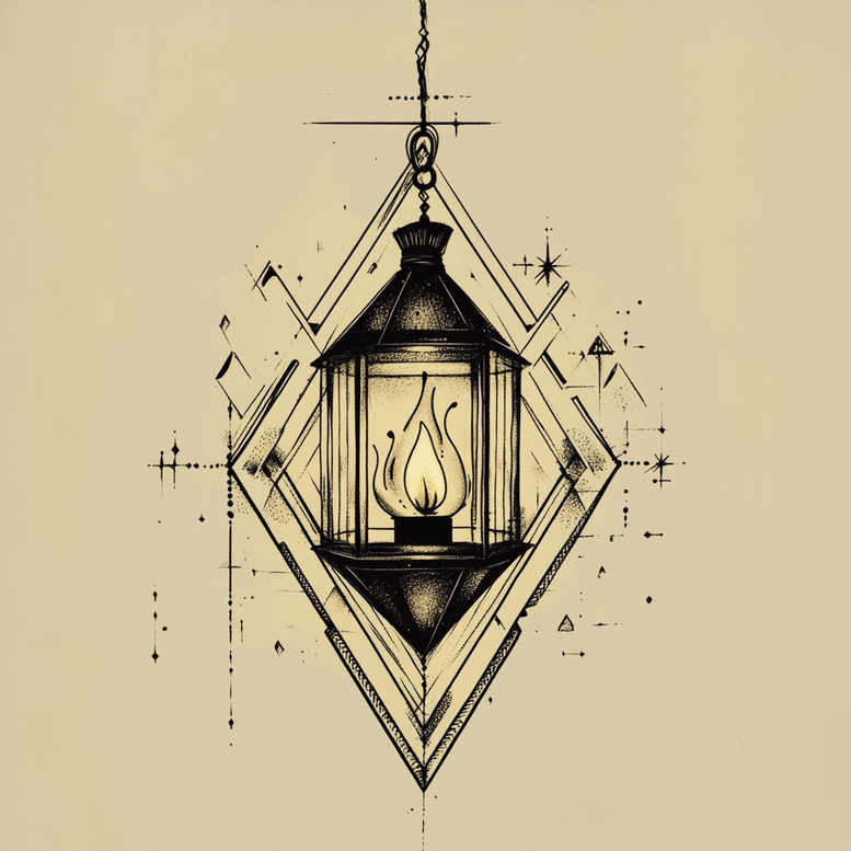 Lantern, flame, and geometric diamond frame in black and grey; tattoo project.
