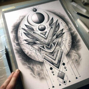 Black and grey circles, triangles, and leaves; project idea; suitable for a cover-up.