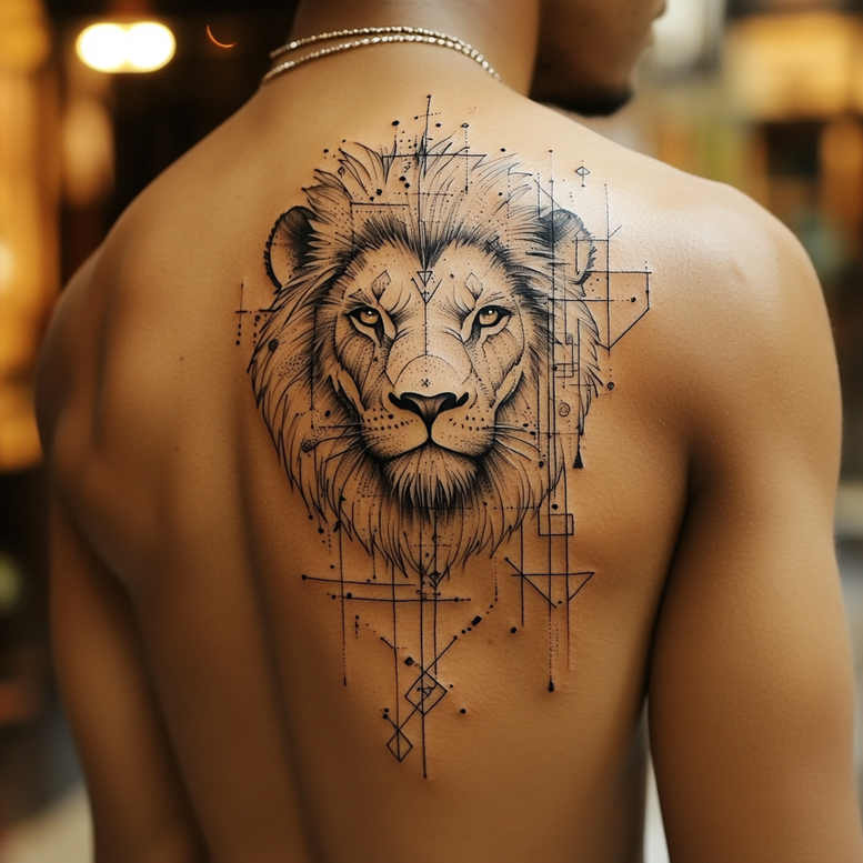 Back tattoo of a black and grey lion head with geometric lines, squares, dotwork, and pattern; AI-generated tattoo project; suitable for cover-up.