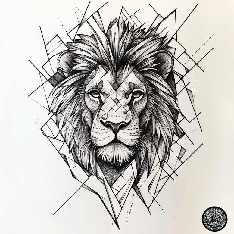 Lion head in black and grey linework, surrounded by geometric diamond shapes; AI-generated tattoo concept.