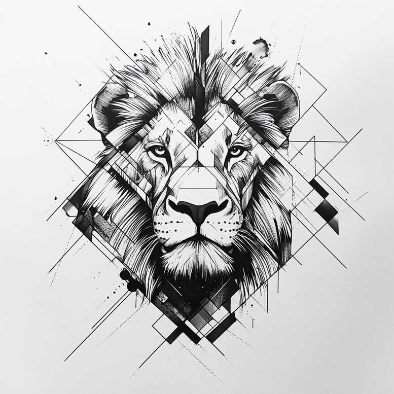 Lion head in black and grey with geometric line work overlay; tattoo design concept, project idea, cover-up suitable.