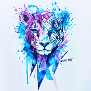 Lion head rendered in pink, blue, and purple geometric polygons with watercolor splashes; color tattoo project idea; not a cover-up.