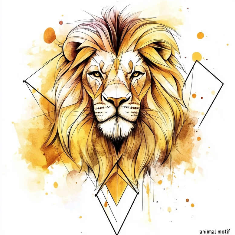 Lion head in color with diamond shapes and watercolor splashes; full color; AI-generated tattoo project; suitable for cover-up.