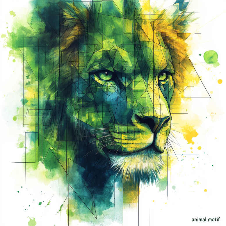 Lion head in multicolor watercolor with geometric triangles; AI-generated tattoo project concept; suitable for cover-up.