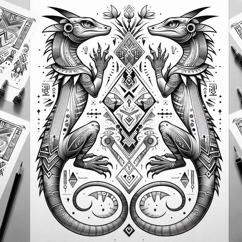 Two ornate lizards facing each other in black and grey linework with central diamond motifs and geometric decor; a tattoo project idea, suitable for a cover-up.