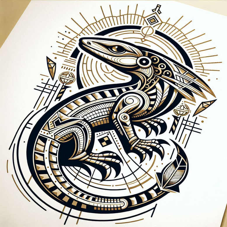 Lizard, circles, lines, bands, triangles; black and grey ink; AI-generated tattoo project; suitable for cover-up.