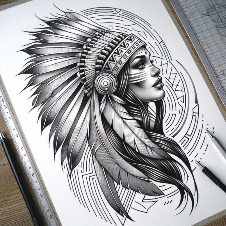 Black and grey tattoo design featuring a woman in a feathered headband with a circular mandala backdrop; AI-generated project, suitable for cover-up.