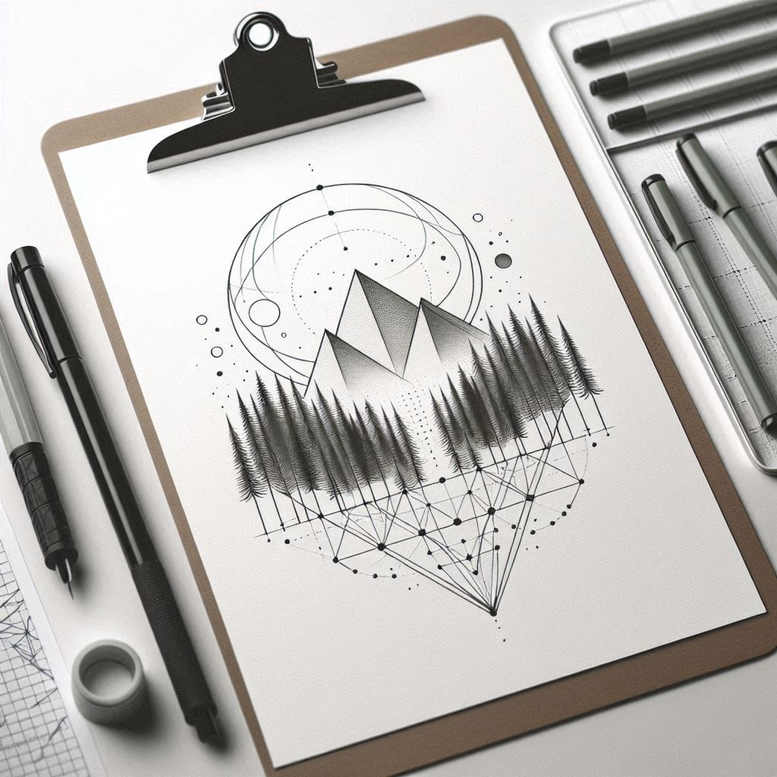 Mountains, trees, circles, lines, and dots in black and grey; a geometric tattoo design concept on paper; project idea; suitable for a cover-up.