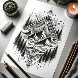 Black and grey geometric mountain landscape with pine trees and layered frame; a project idea, AI-generated tattoo project, cover-up.