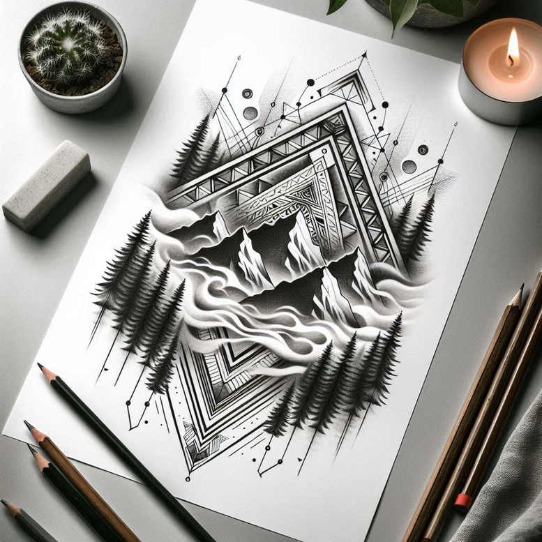 Black and grey geometric mountain landscape with pine trees and layered frame; a project idea, AI-generated tattoo project, cover-up.