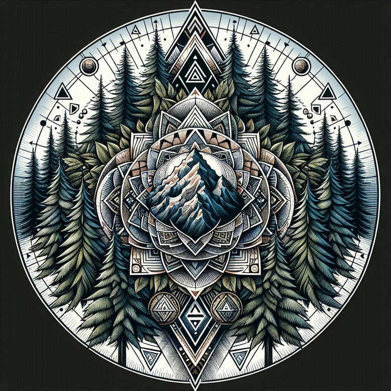 Circular black and grey tattoo design featuring a central mountain, layered mandala shapes, and a dense pine forest inside a circle; project idea and cover-up ready.