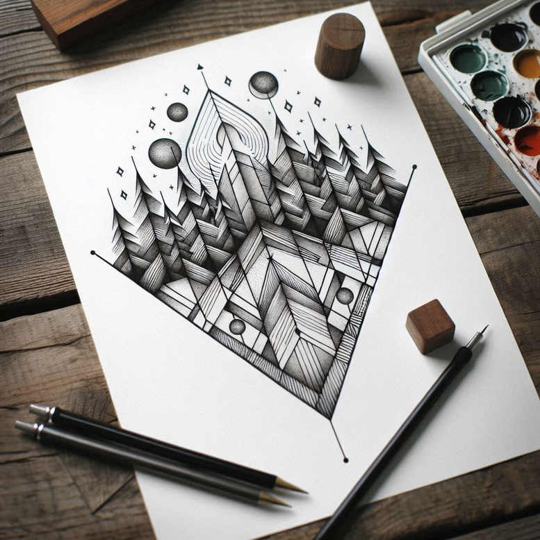 Tattoo design idea: geometric mountain landscape in black and grey, sketched on white paper with pencils and a palette; AI-generated tattoo project; not specifically for cover-up.
