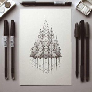 Geometric mountain peak drawing on white paper in black and grey; visible marker, pen, and palette; tattoo design idea.