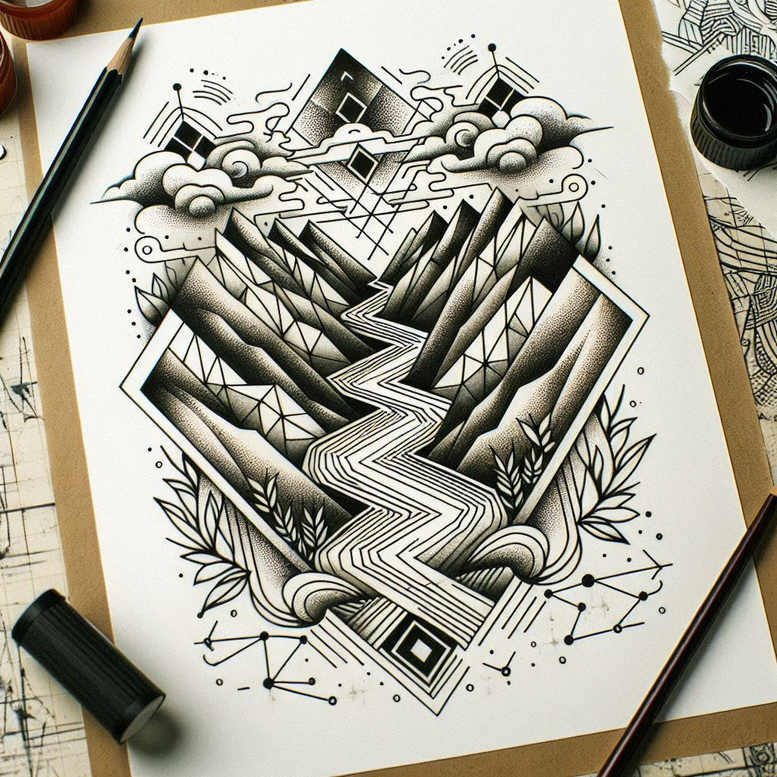 Black and grey linework of a winding river through mountains, with a distant building and drifting clouds; AI-generated tattoo project inspired by Jesus; suitable for cover-up.
