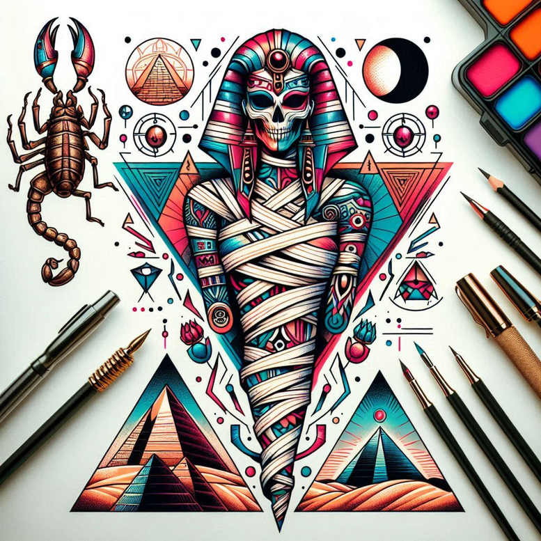 Colorful mummy tattoo with wrapped bandages, left-side scorpion, pyramids below, and vibrant geometric shapes in teal, pink, orange; full color tattoo project, not a cover-up.