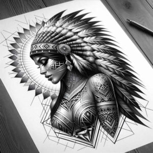 Black and grey tattoo design of a Native-inspired woman in a feathered headdress, with geometric patterns on face and chest; project concept; suitable for a cover-up.